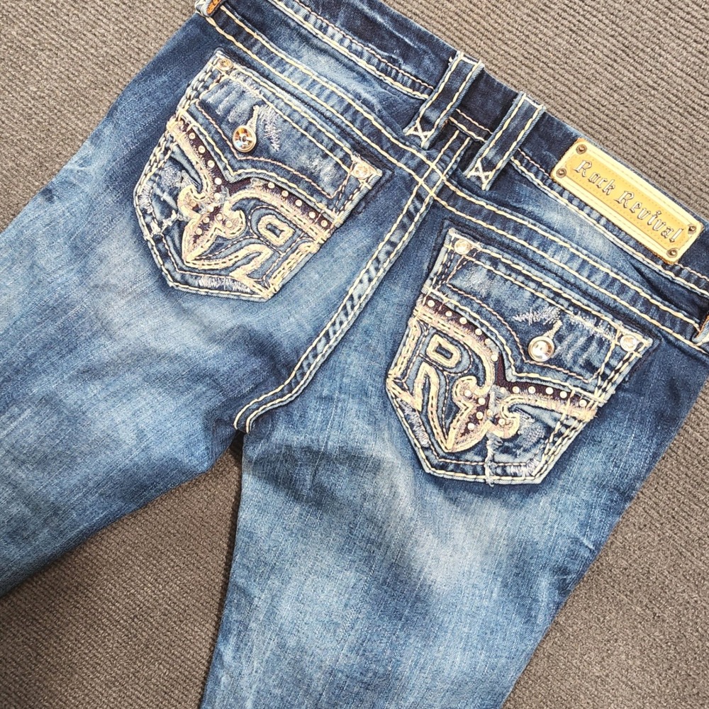 Rock Revival Sundee Ankle Skinny Jeans Women 29 Blue Distressed Embellished Y2K